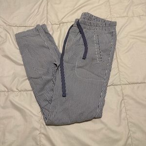 White and blue striped pants